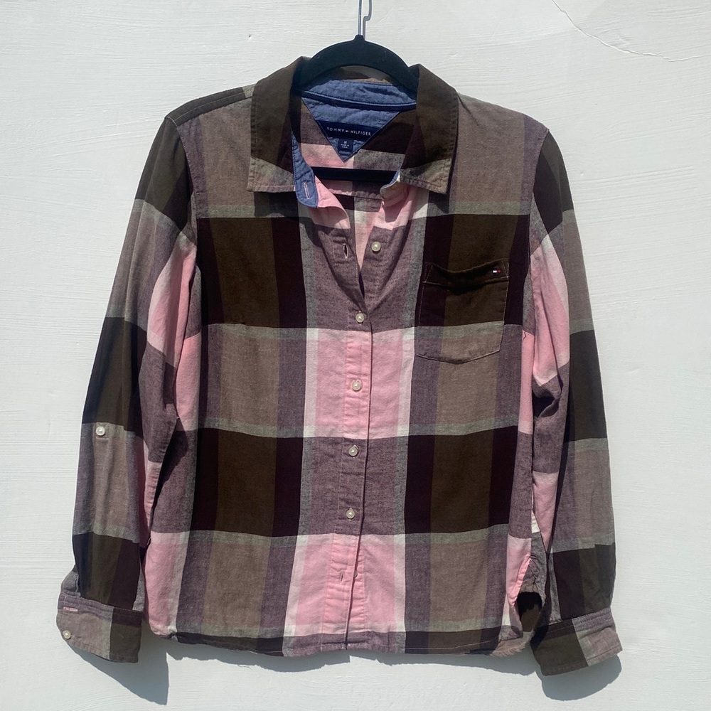 Tommy Hilfiger Pink and Brown Plaid Button-Up Shirt 100% Cotton Size M Preppy
